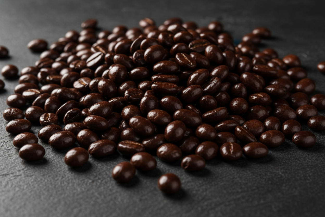 similar image but less melted and higher quantity of dark chocolate covered espresso beans
